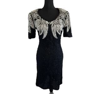 Vintage Xoanon Small 100% Silk Floral Pearl Beaded Sequin Black Dress